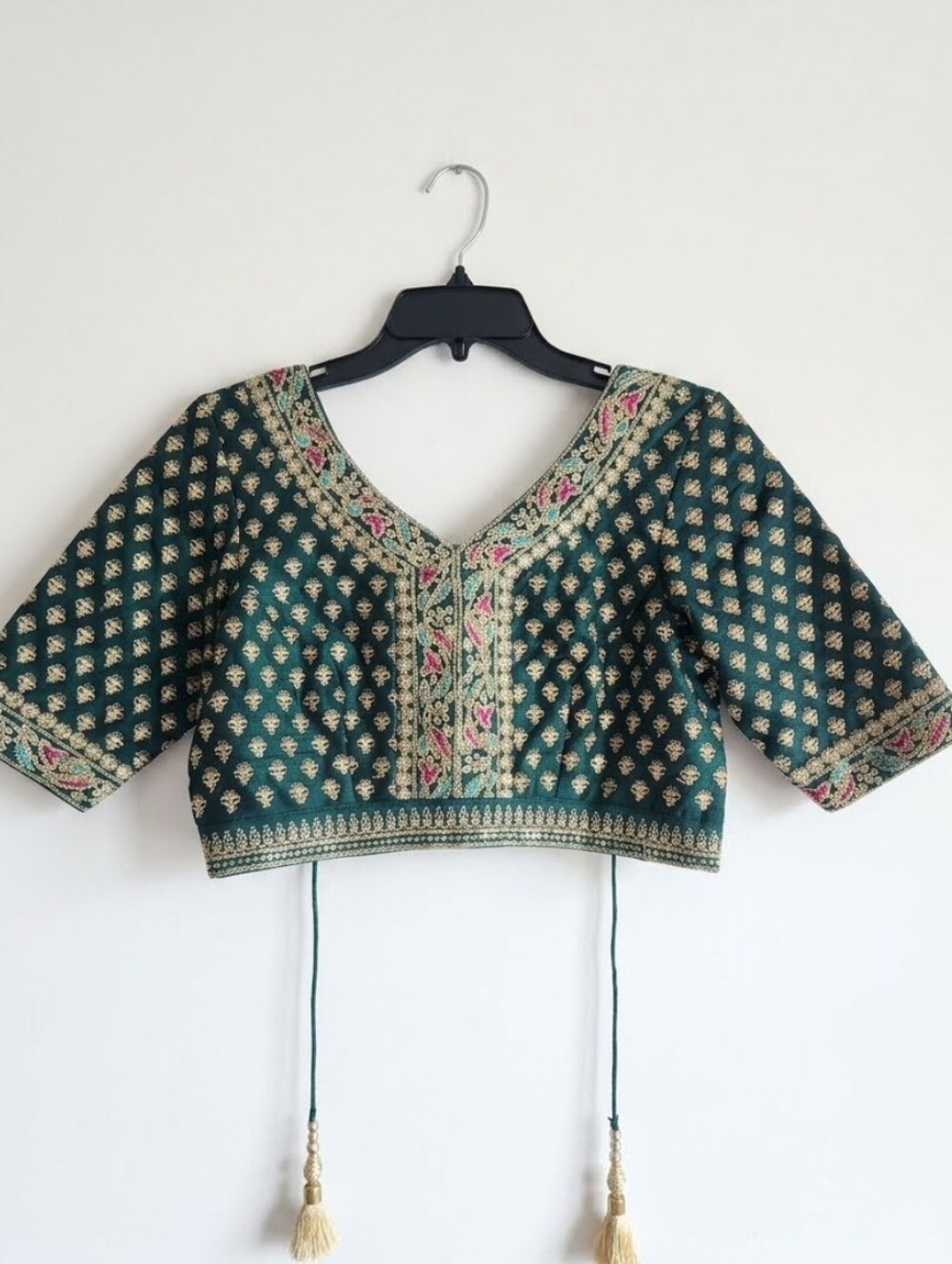 Authentic Embroidered V Neck Bottle Green Brocade Saree Blouse
